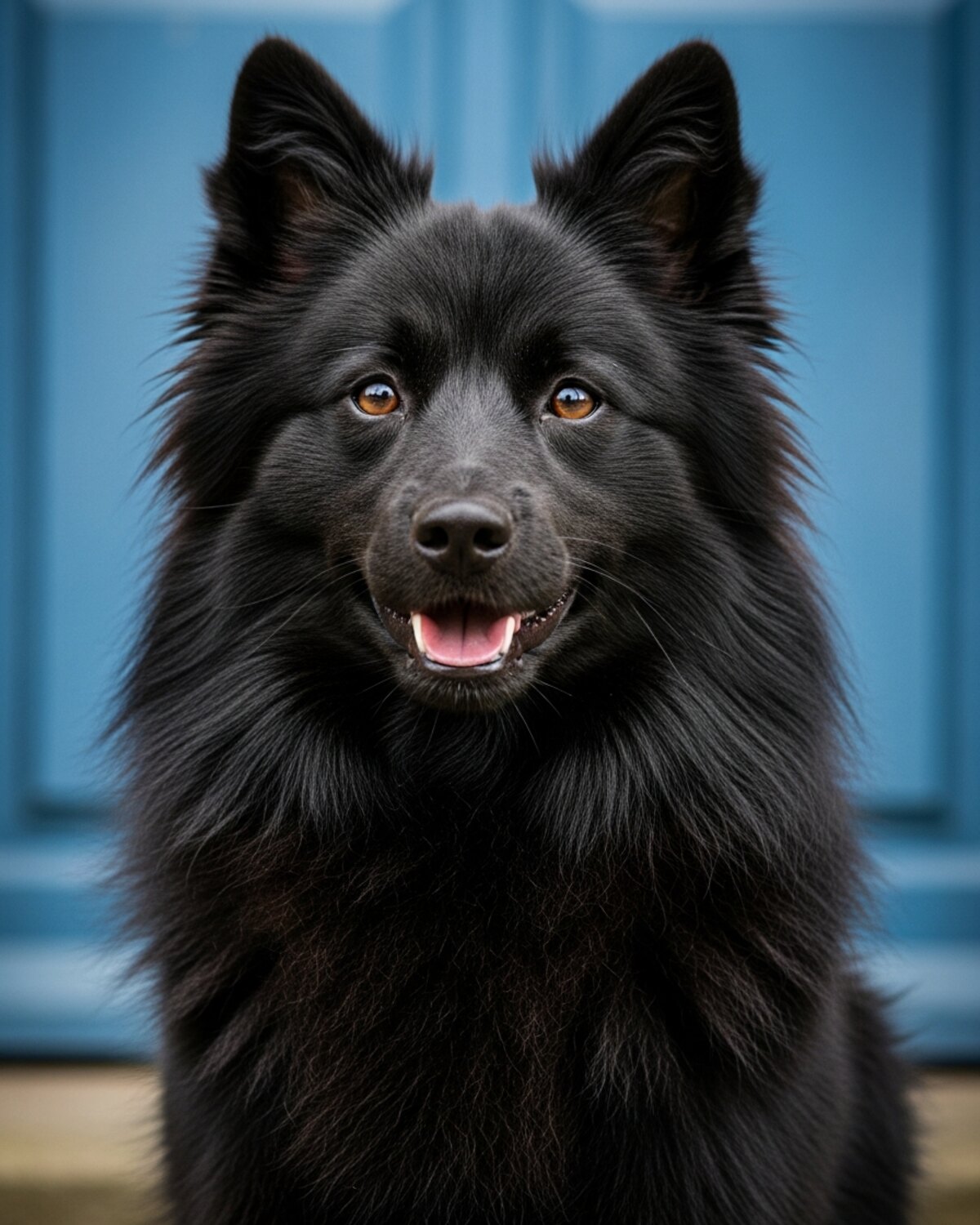 Un spitz allemand moyen noir assis face a la baie vitree d'une cuisine bretonne, contre-jour du matin, plan en contre-plongee serre sur le visage et les yeux du chien.
