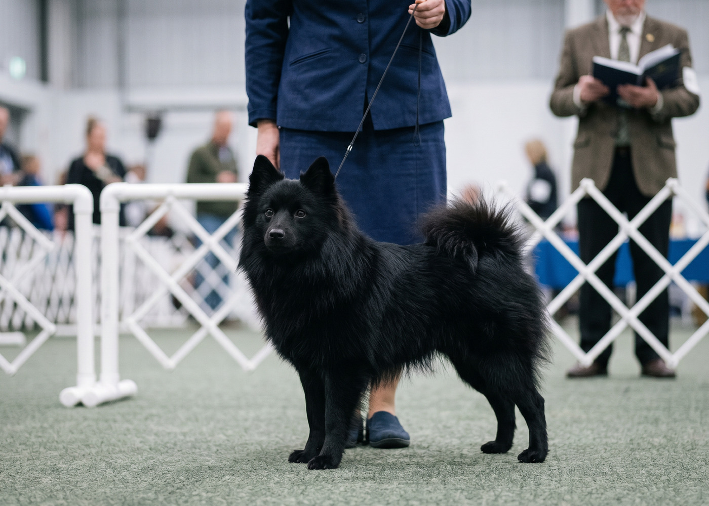 Un bouvier des Flandres noir bringé, poil double rude, debout sur un chemin de terre bordé d'herbe humide en fin de matinée, lumière douce et rasante, cadrage de trois quarts à hauteur de chien.