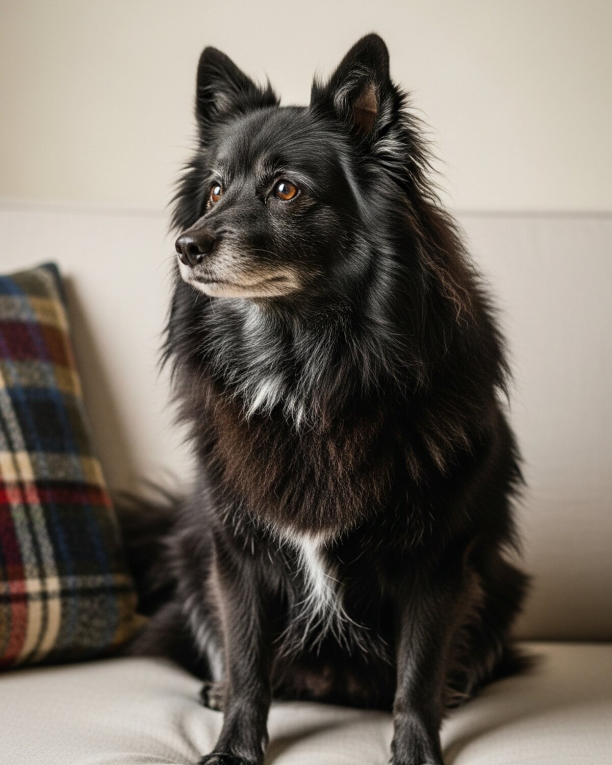 Un caniche rouge acajou adulte assis sur un parquet en chêne clair, lumière naturelle de fin d'après-midi entrant par une fenêtre latérale, cadrage serré sur la tête et le poitrail, arrière-plan flou.