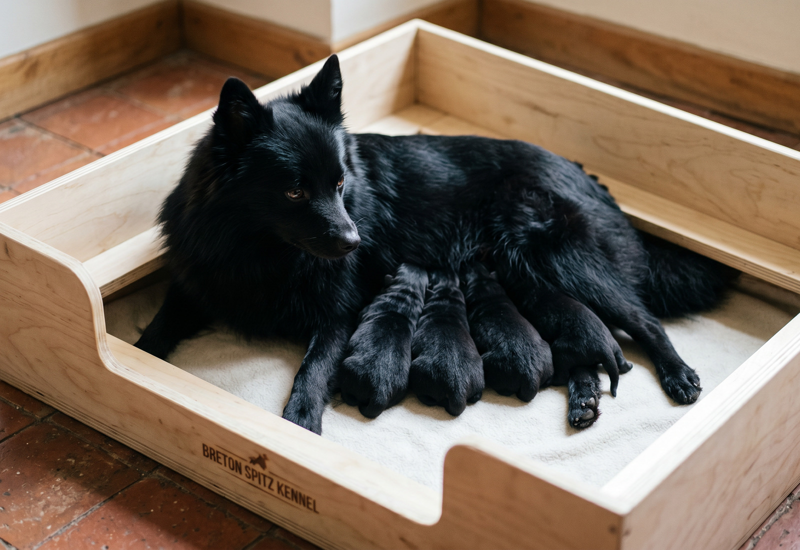 Un salon aux sols carrelés, un aspirateur balai à filtre HEPA posé contre un mur, un panier de chien en tissu lavable au premier plan, lumière naturelle de fin de matinée entrant par une fenêtre, cadrage serré sur le panier et l'aspirateur.