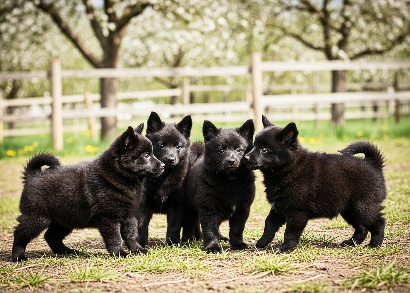 Archive : les quatre chiots de la portée V en mai 2024 dans le parc herbé